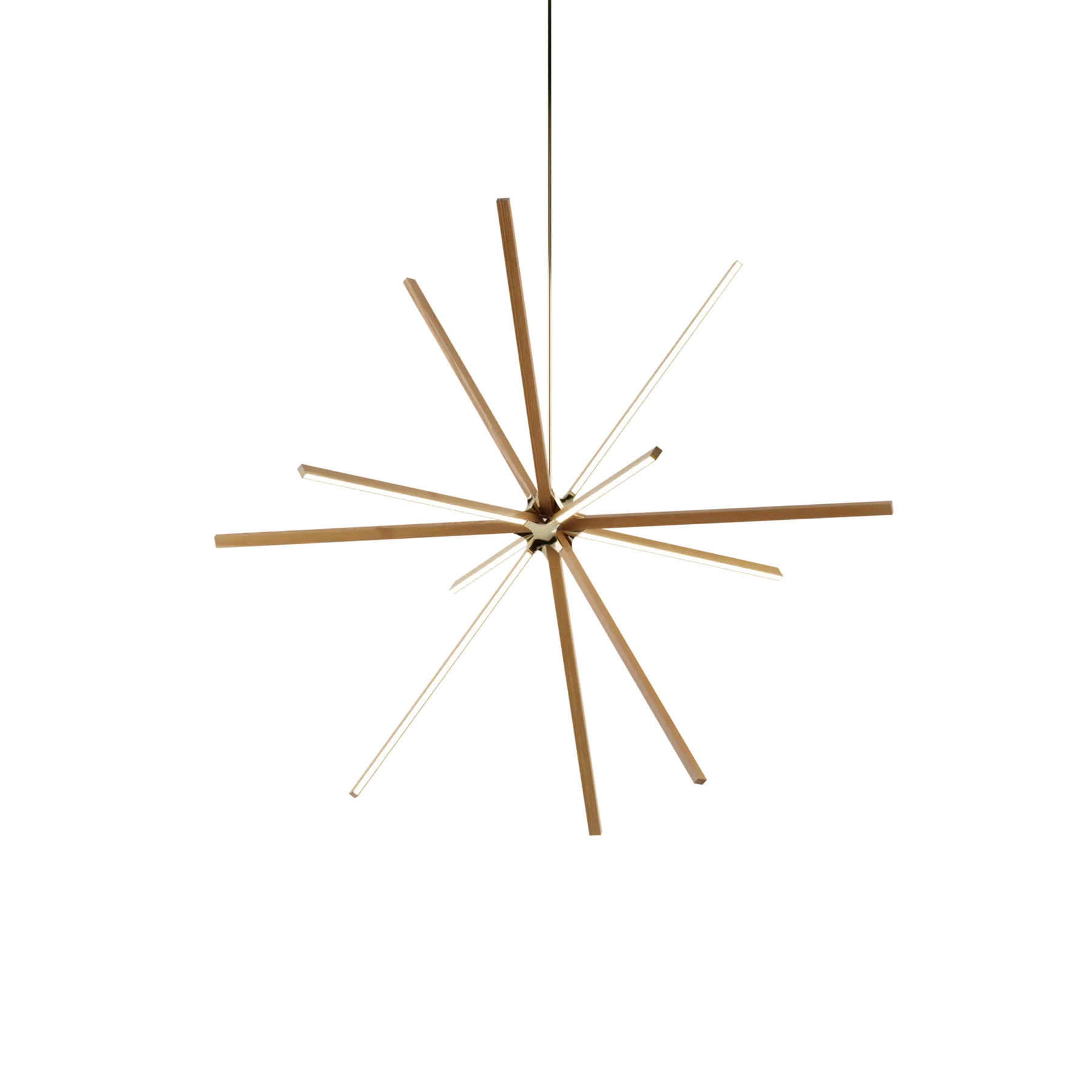 Image of a Stickbulb Boom lighting fixture. The modern fixture consists of sleek wooden beams with multiple integrated LED bulbs.