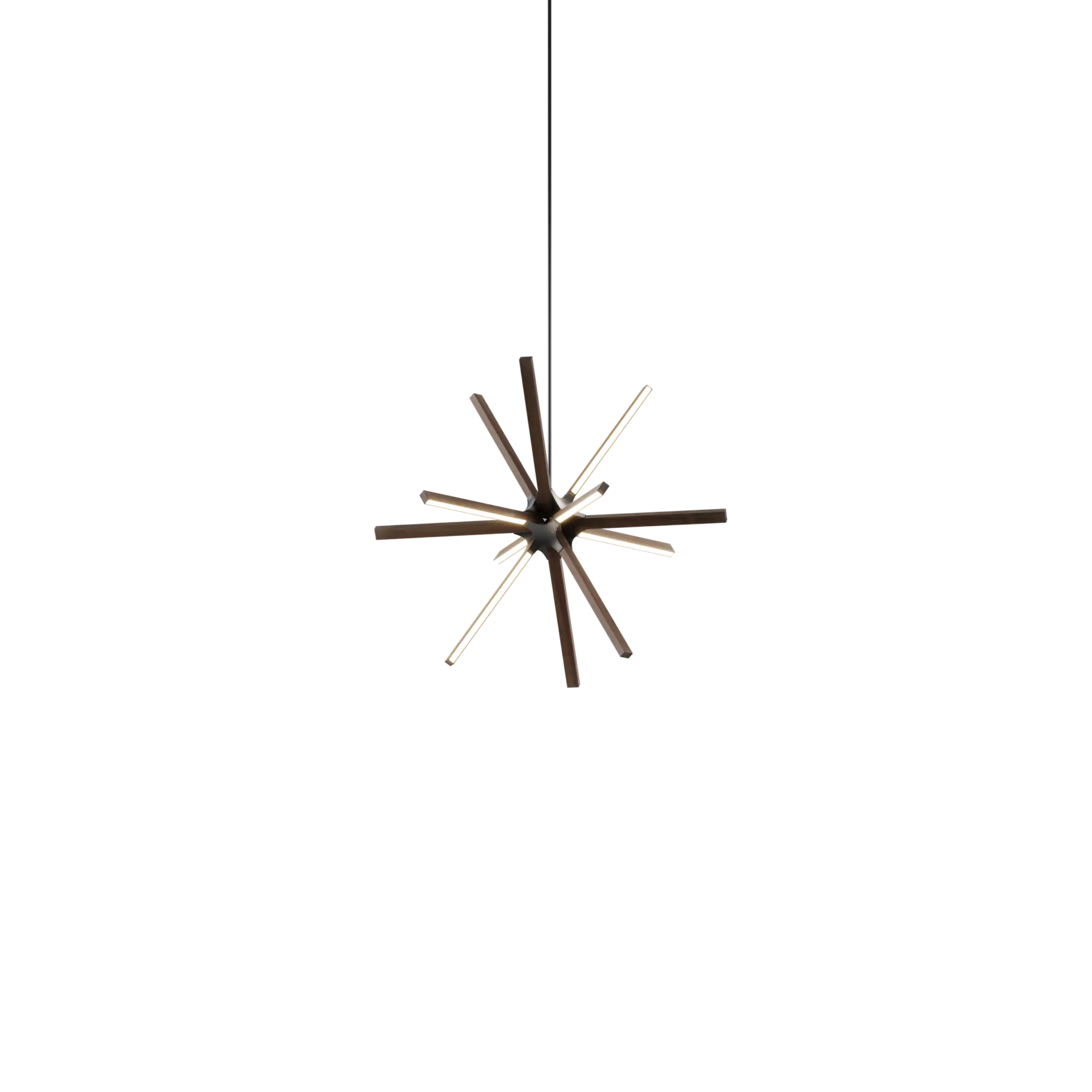 Image of a Stickbulb Boom lighting fixture. The modern fixture consists of sleek wooden beams with multiple integrated LED bulbs.