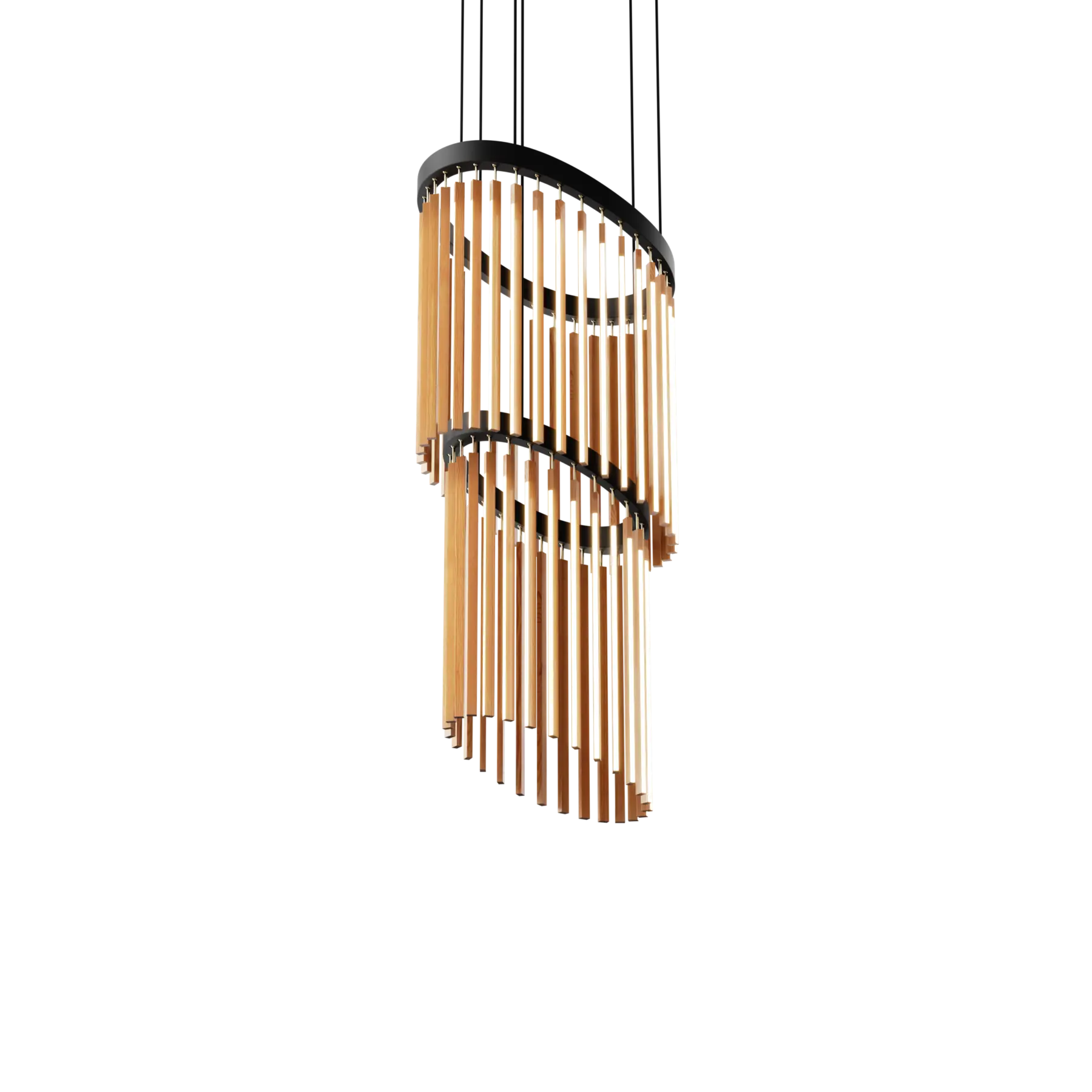 Image of a Stickbulb Chime Cascade lighting fixture. The modern fixture consists of sleek wooden beams with multiple integrated LED bulbs.