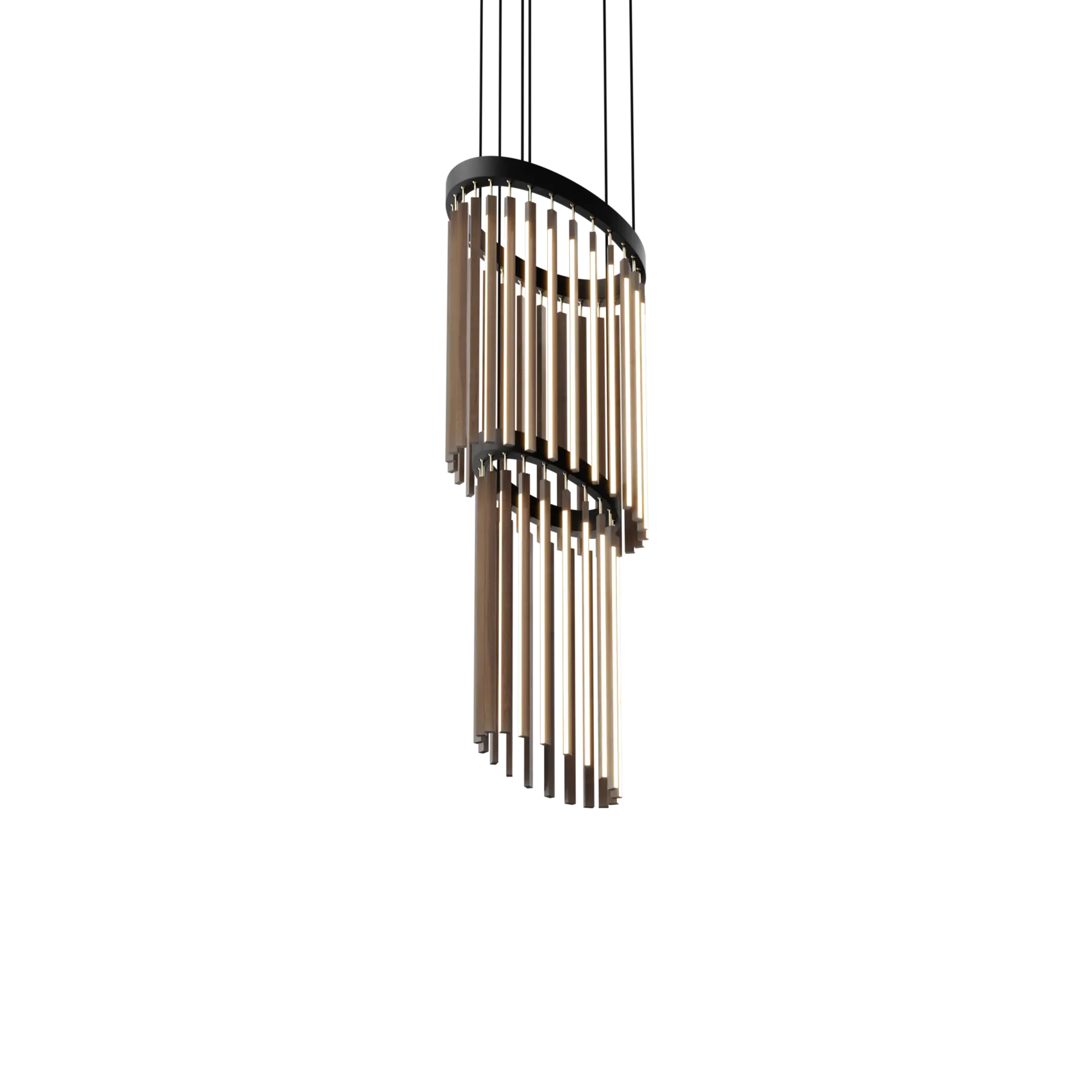 Image of a Stickbulb Chime Cascade lighting fixture. The modern fixture consists of sleek wooden beams with multiple integrated LED bulbs.
