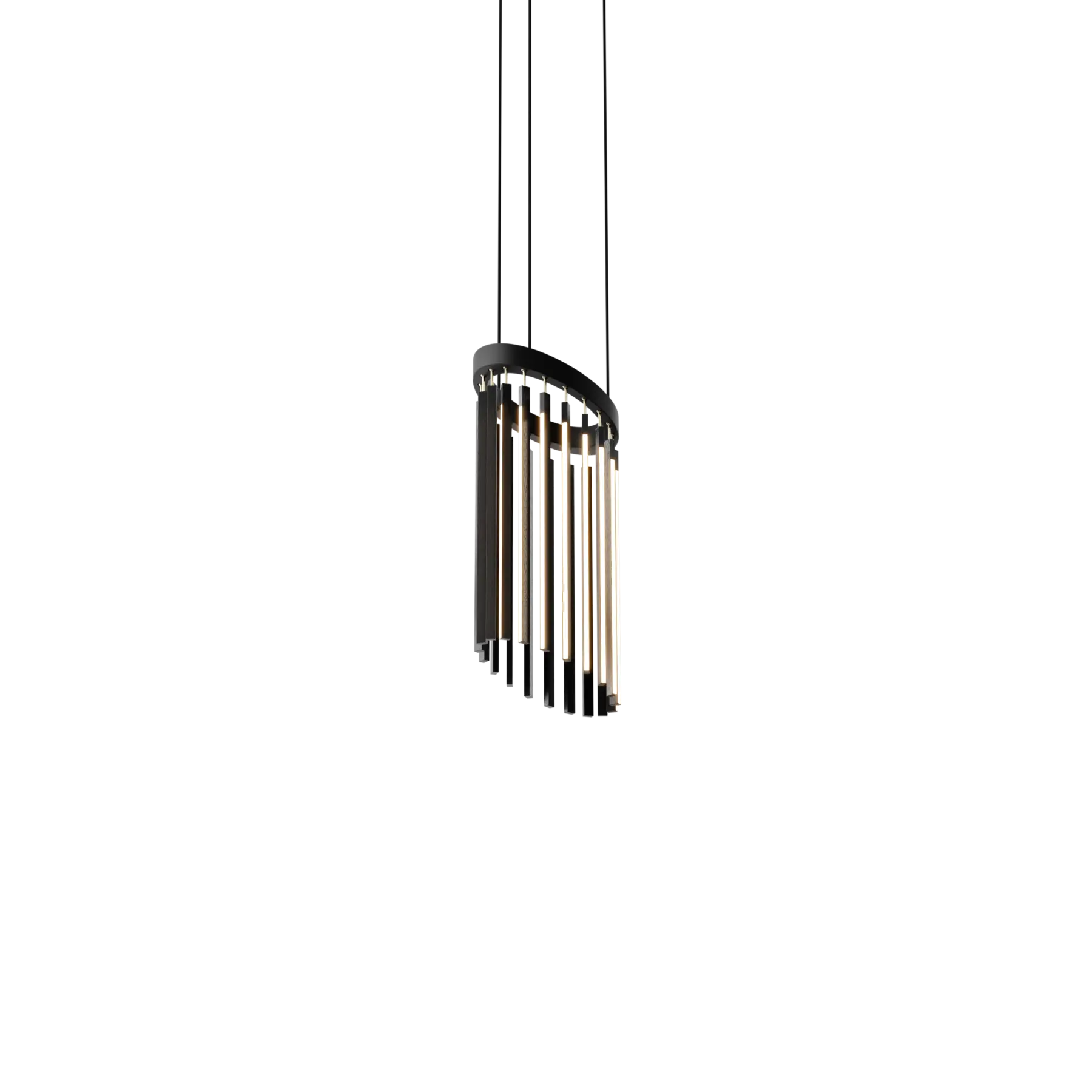 Image of a Stickbulb Chime lighting fixture. The modern fixture consists of sleek wooden beams with multiple integrated LED bulbs.
