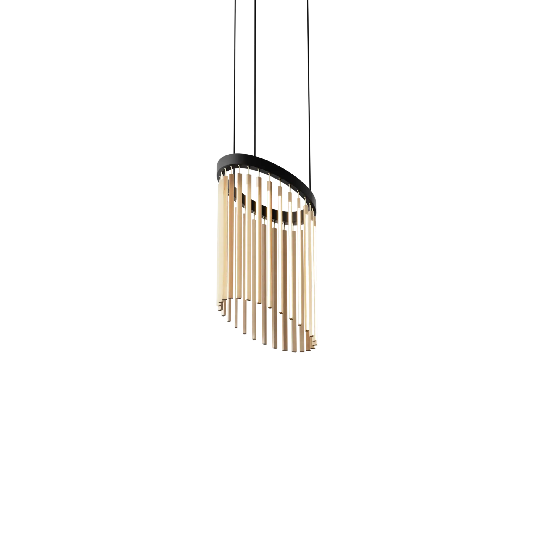 Image of a Stickbulb Chime lighting fixture. The modern fixture consists of sleek wooden beams with multiple integrated LED bulbs.