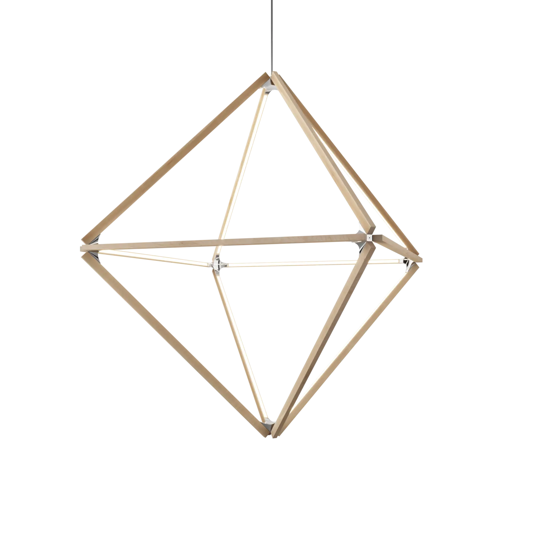 Image of a Stickbulb Diamond lighting fixture. The modern fixture consists of sleek wooden beams with multiple integrated LED bulbs.