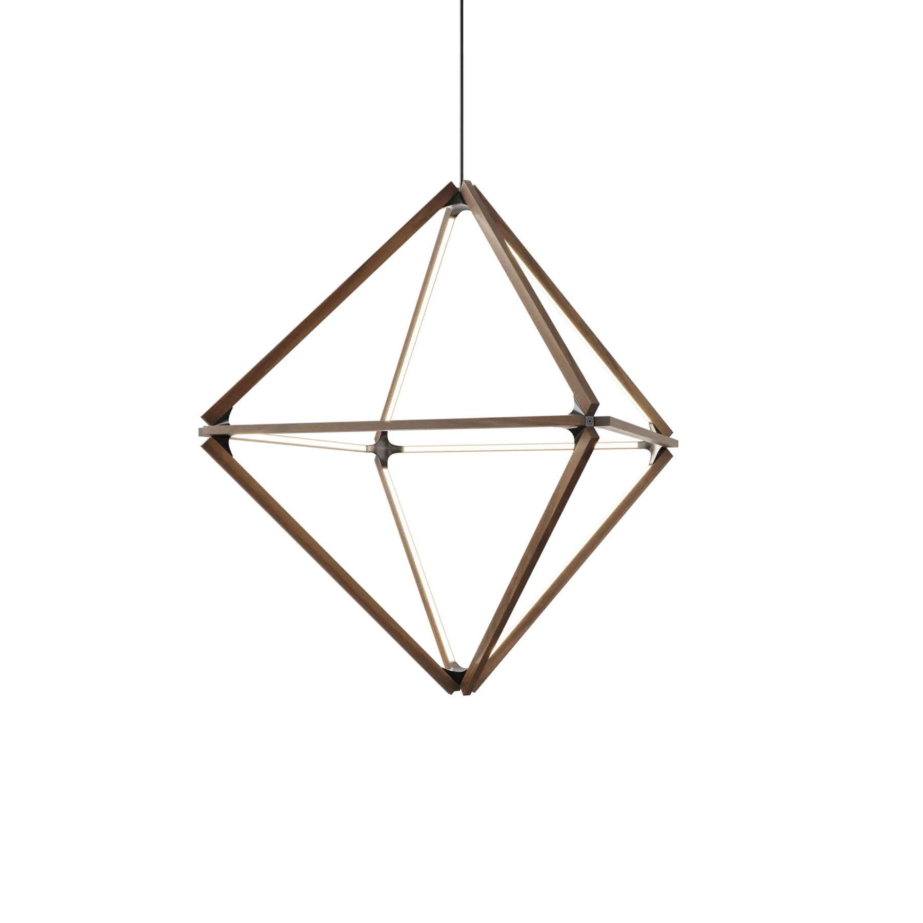 Image of a Stickbulb Diamond lighting fixture. The modern fixture consists of sleek wooden beams with multiple integrated LED bulbs.