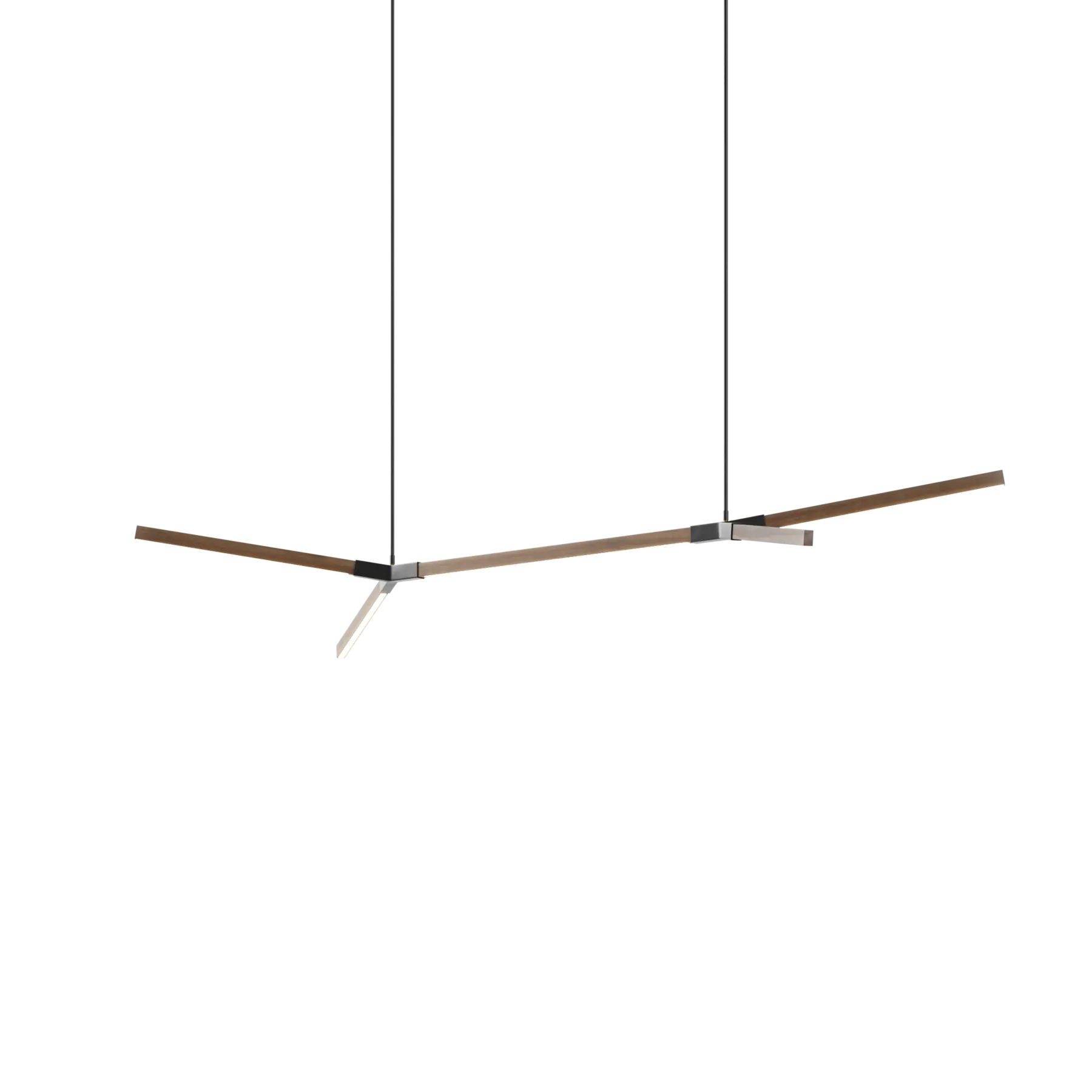 Image of a Stickbulb Double Bough lighting fixture. The modern fixture consists of sleek wooden beams with multiple integrated LED bulbs.
