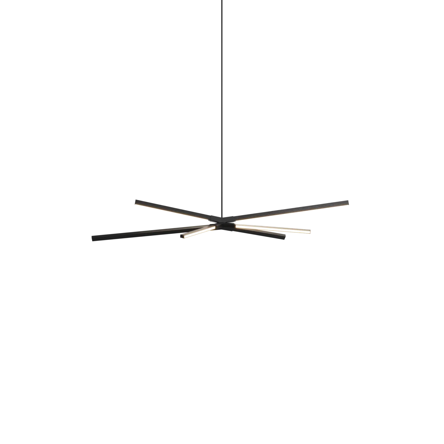 Image of a Stickbulb Skybang lighting fixture. The modern fixture consists of sleek wooden beams with multiple integrated LED bulbs.