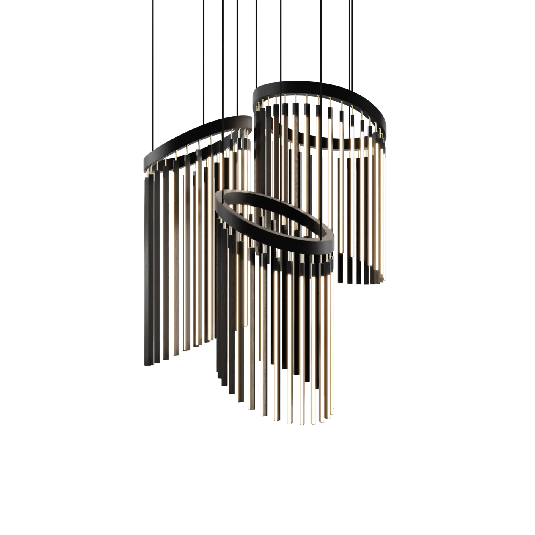 Image of a Stickbulb Multiple Chime lighting fixture. The modern fixture consists of sleek wooden beams with multiple integrated LED bulbs.