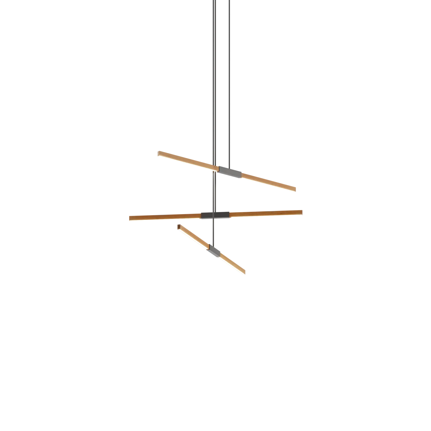 Image of a Stickbulb Multiple Linear Pendant lighting fixture. The modern fixture consists of sleek wooden beams with multiple integrated LED bulbs.