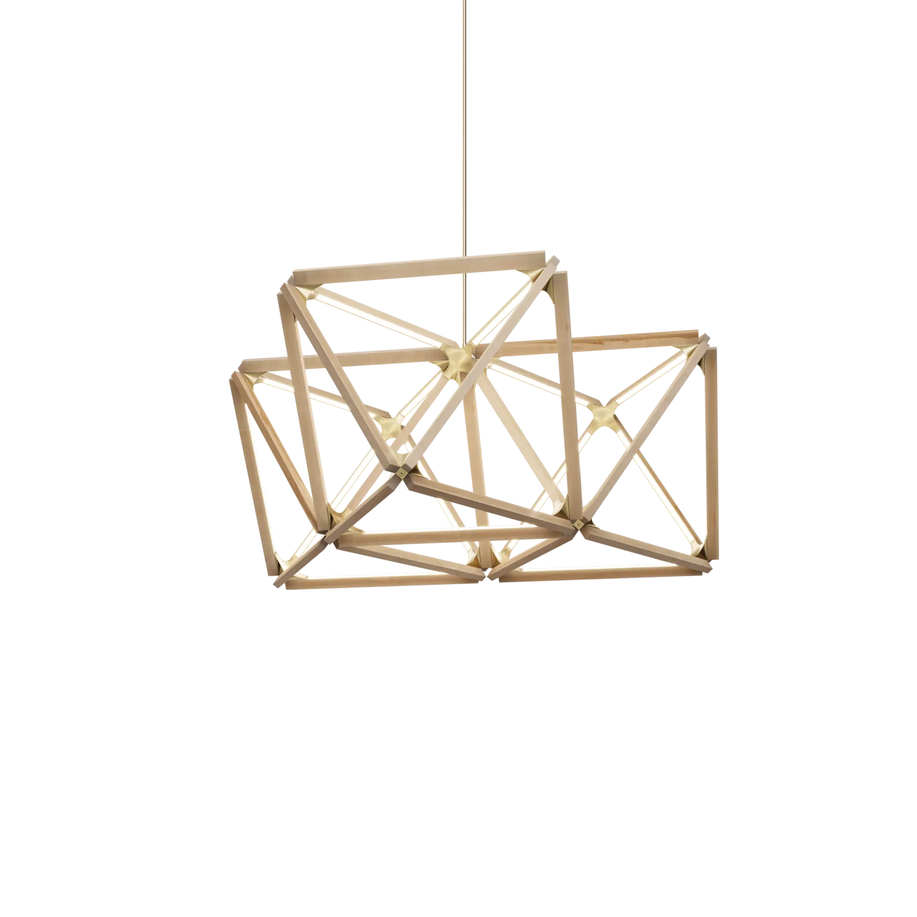 Image of a Stickbulb Triple X lighting fixture. The modern fixture consists of sleek wooden beams with multiple integrated LED bulbs.