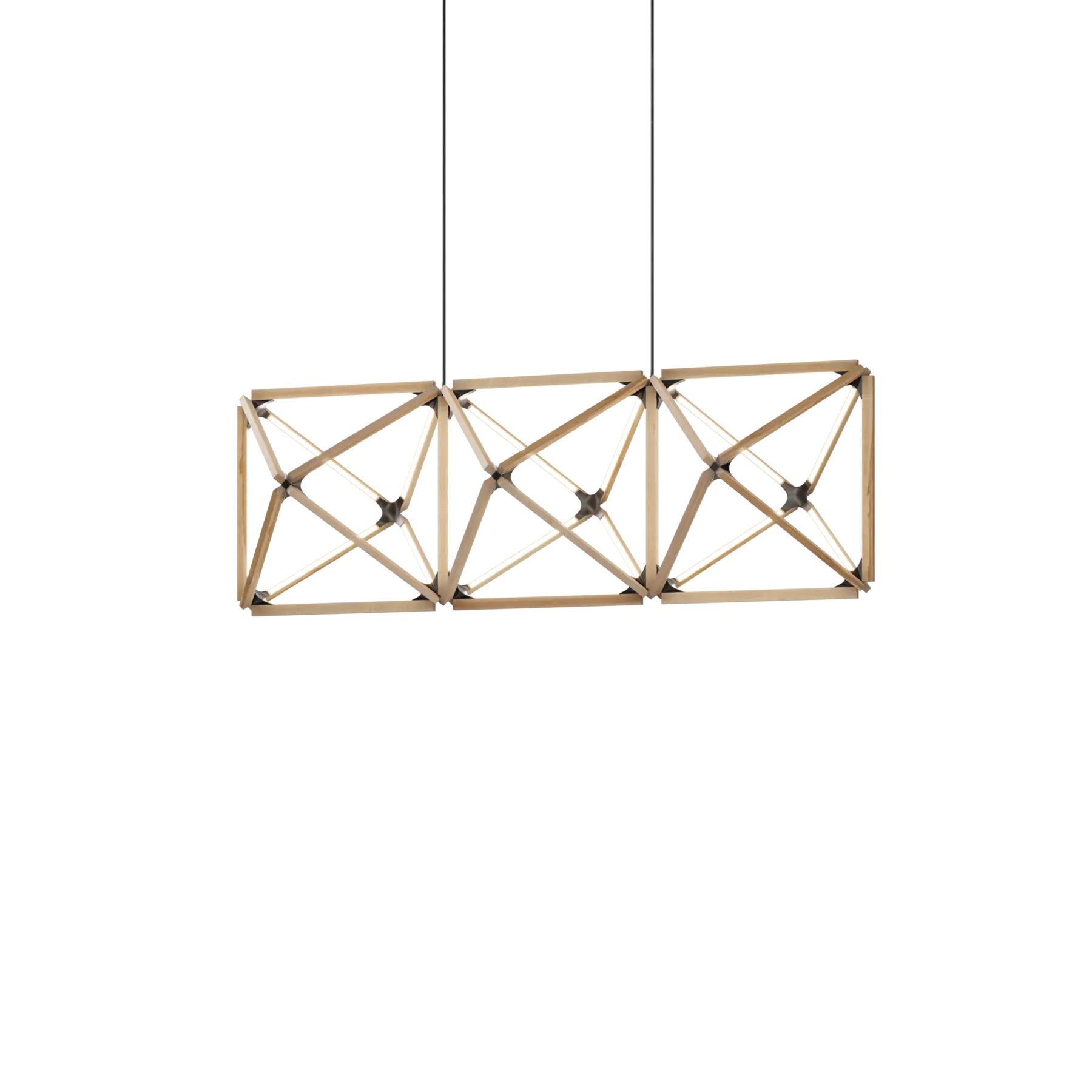 Image of a Stickbulb Truss lighting fixture. The modern fixture consists of sleek wooden beams with multiple integrated LED bulbs.