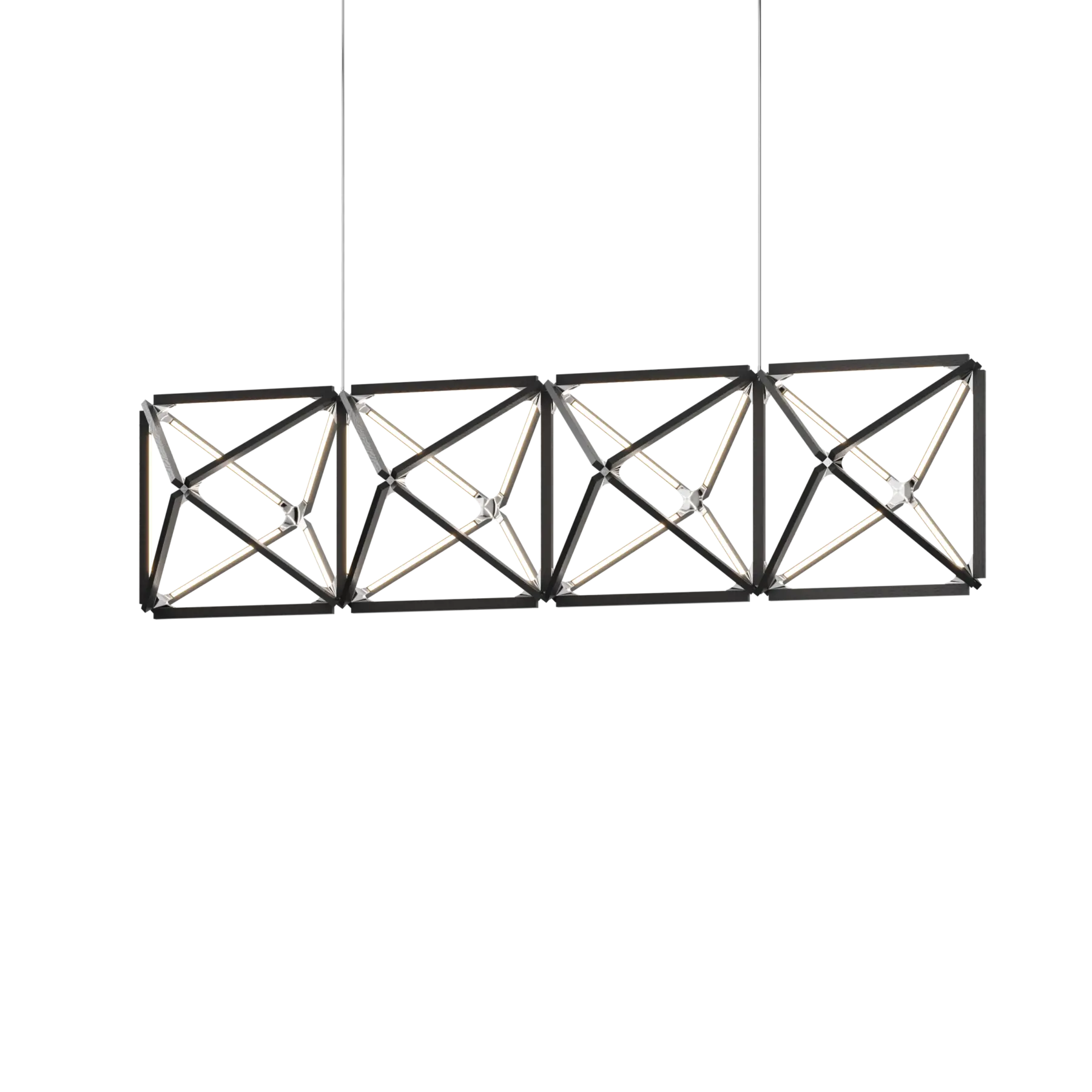 Image of a Stickbulb Truss lighting fixture. The modern fixture consists of sleek wooden beams with multiple integrated LED bulbs.