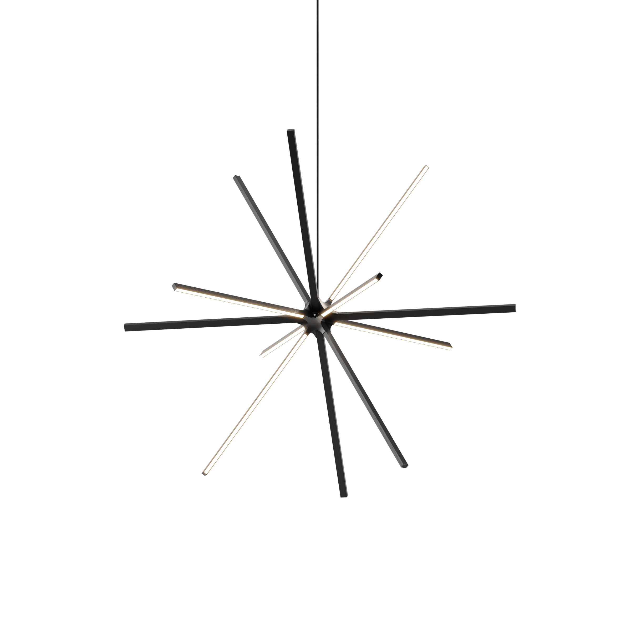 Image of a Stickbulb Boom lighting fixture. The modern fixture consists of sleek wooden beams with multiple integrated LED bulbs.