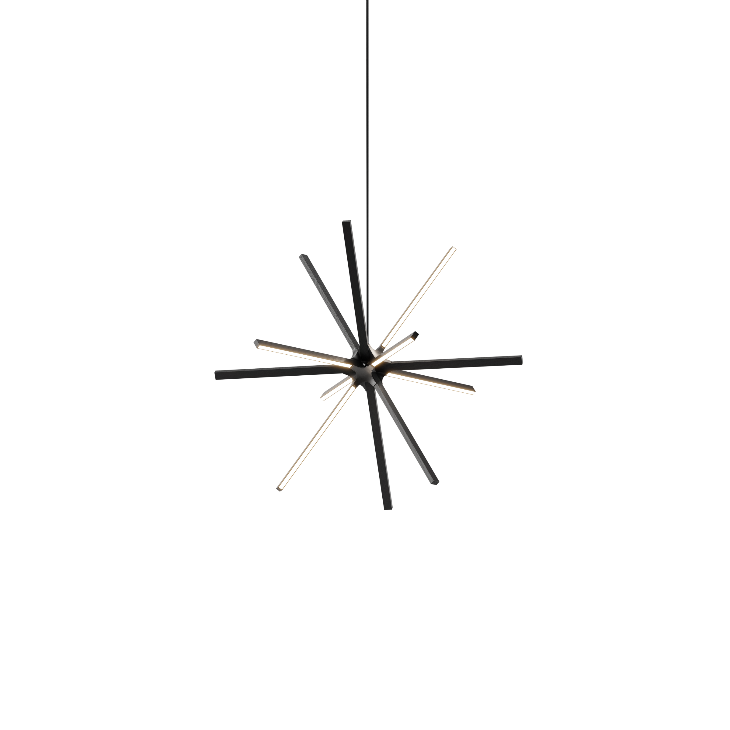 Image of a Stickbulb Boom lighting fixture. The modern fixture consists of sleek wooden beams with multiple integrated LED bulbs.
