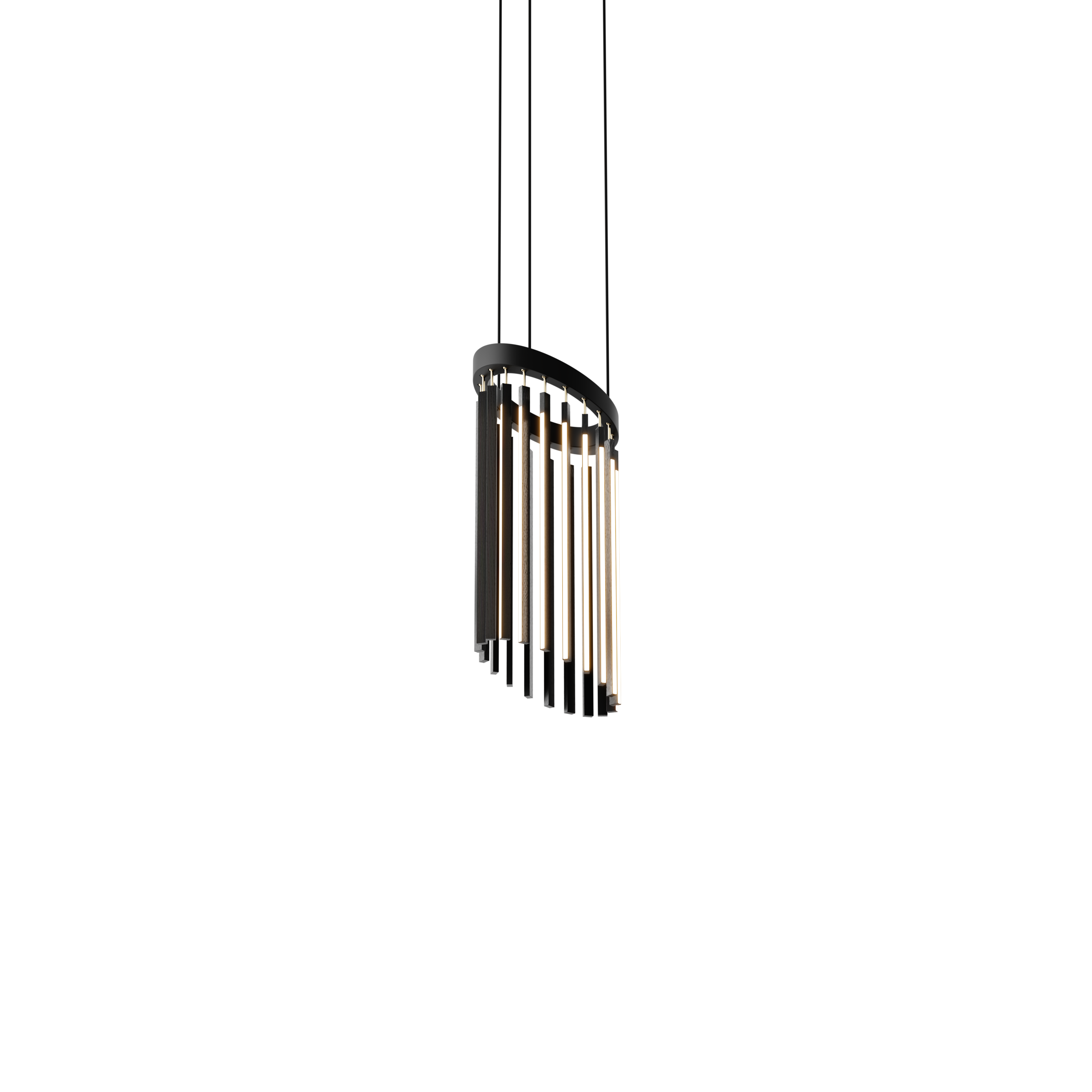 Image of a Stickbulb Chime lighting fixture. The modern fixture consists of sleek wooden beams with multiple integrated LED bulbs.
