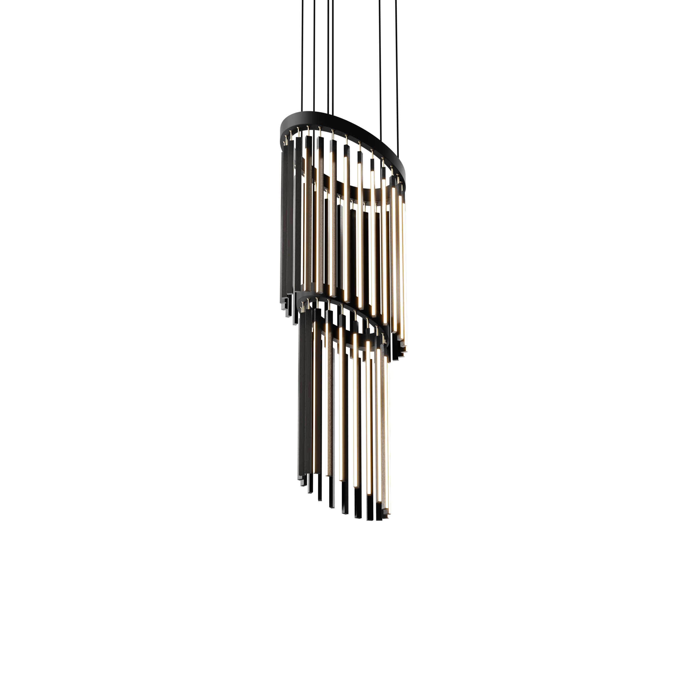 Image of a Stickbulb Chime Cascade lighting fixture. The modern fixture consists of sleek wooden beams with multiple integrated LED bulbs.