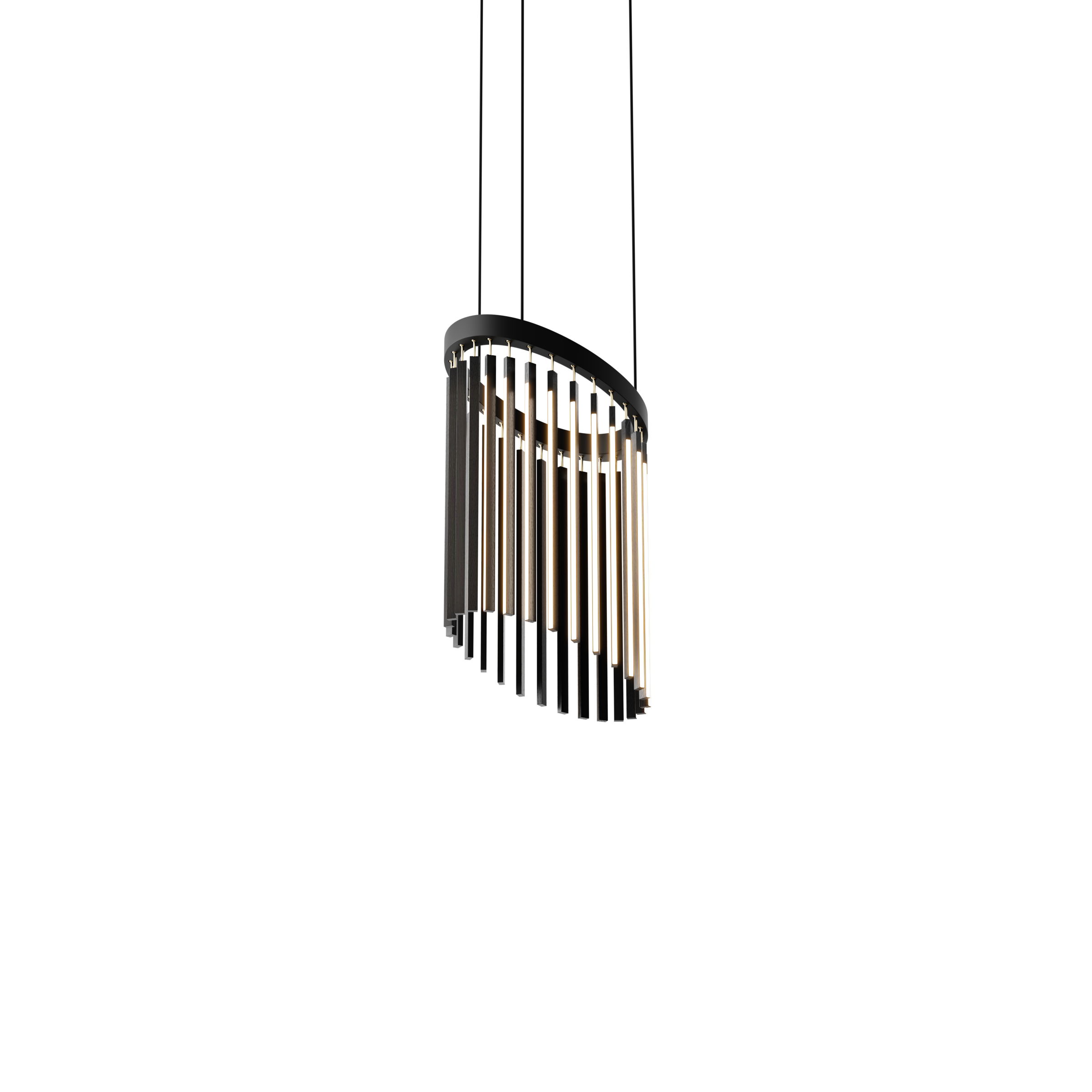 Image of a Stickbulb Chime lighting fixture. The modern fixture consists of sleek wooden beams with multiple integrated LED bulbs.