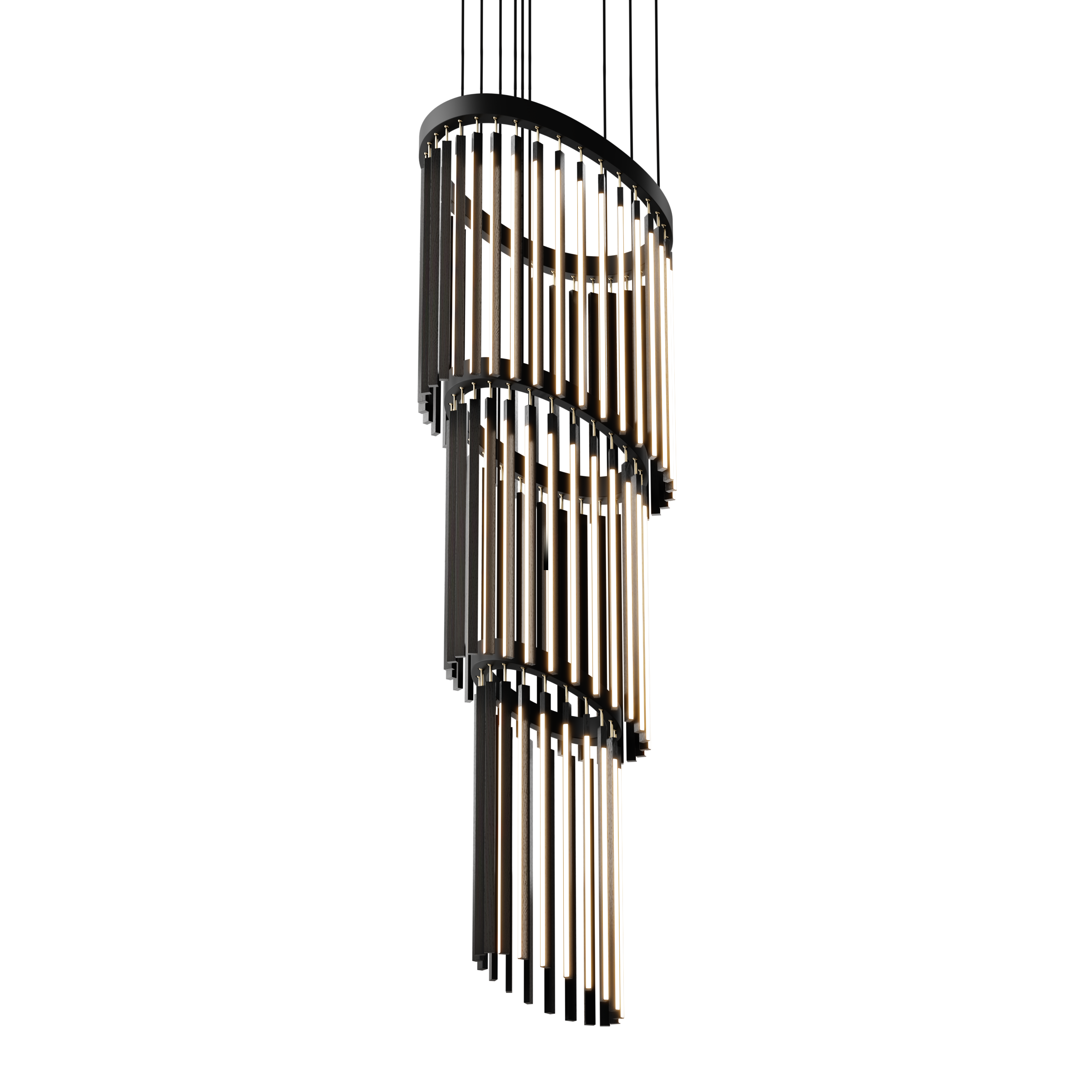 Image of a Stickbulb Chime Cascade lighting fixture. The modern fixture consists of sleek wooden beams with multiple integrated LED bulbs.