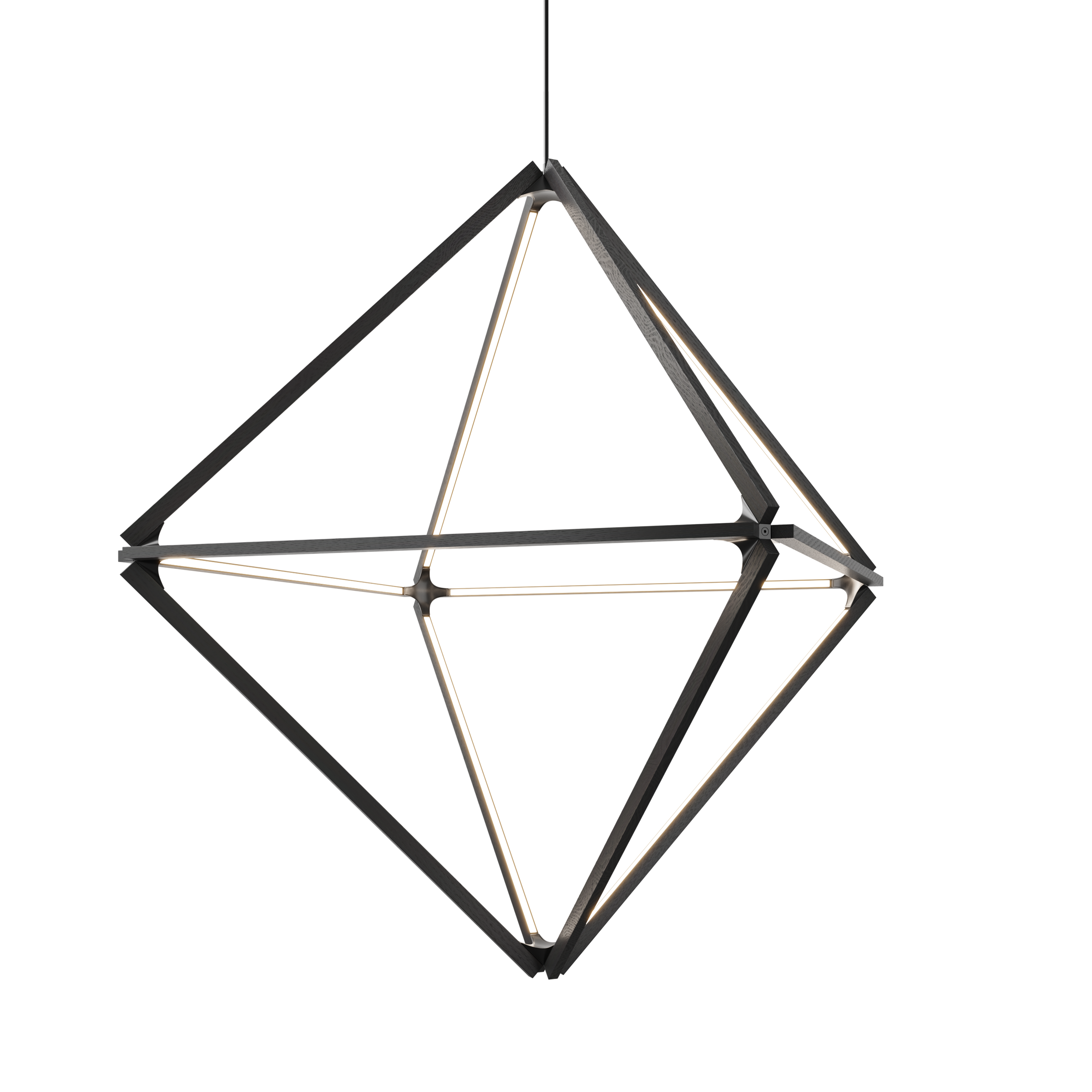 Image of a Stickbulb Diamond lighting fixture. The modern fixture consists of sleek wooden beams with multiple integrated LED bulbs.