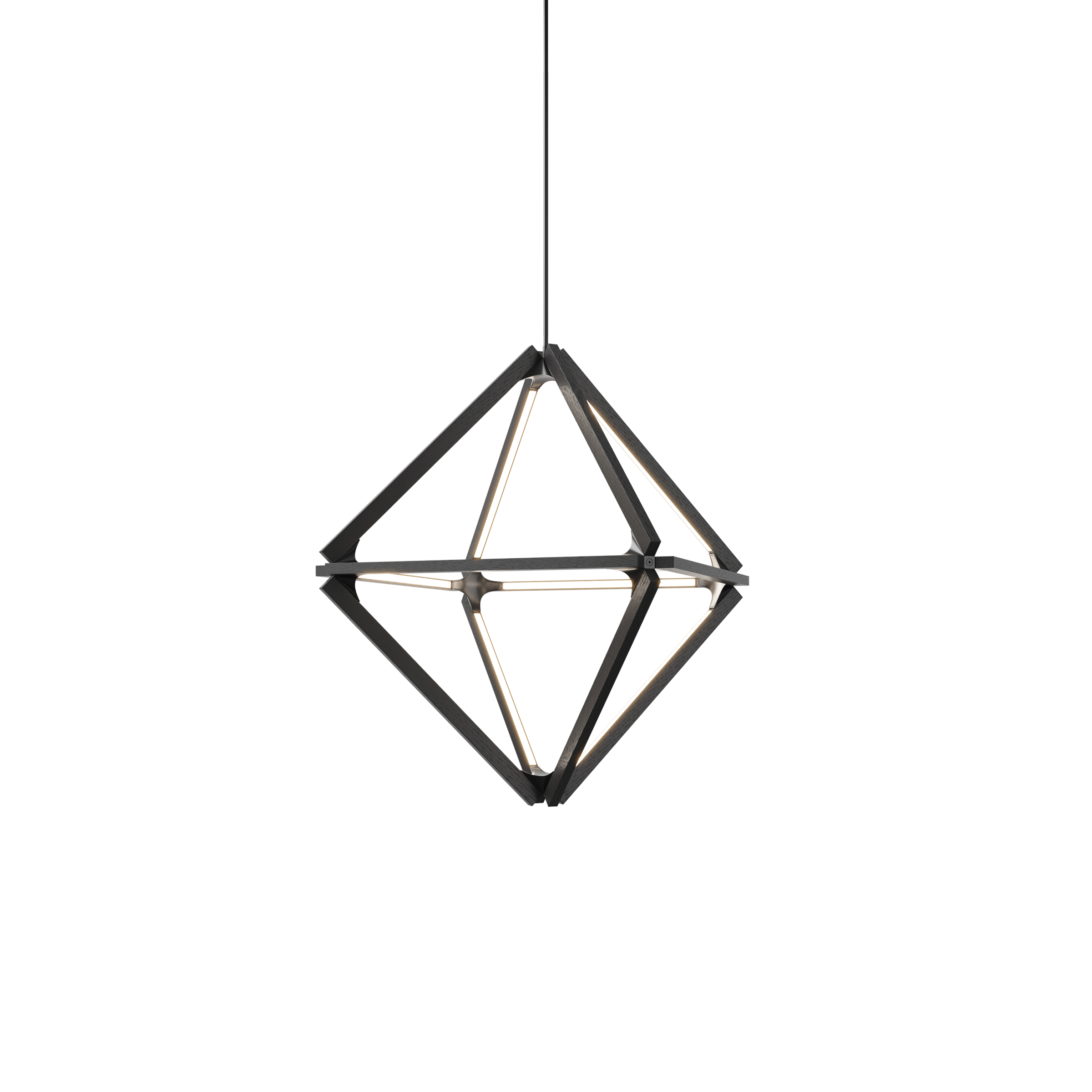 Image of a Stickbulb Diamond lighting fixture. The modern fixture consists of sleek wooden beams with multiple integrated LED bulbs.