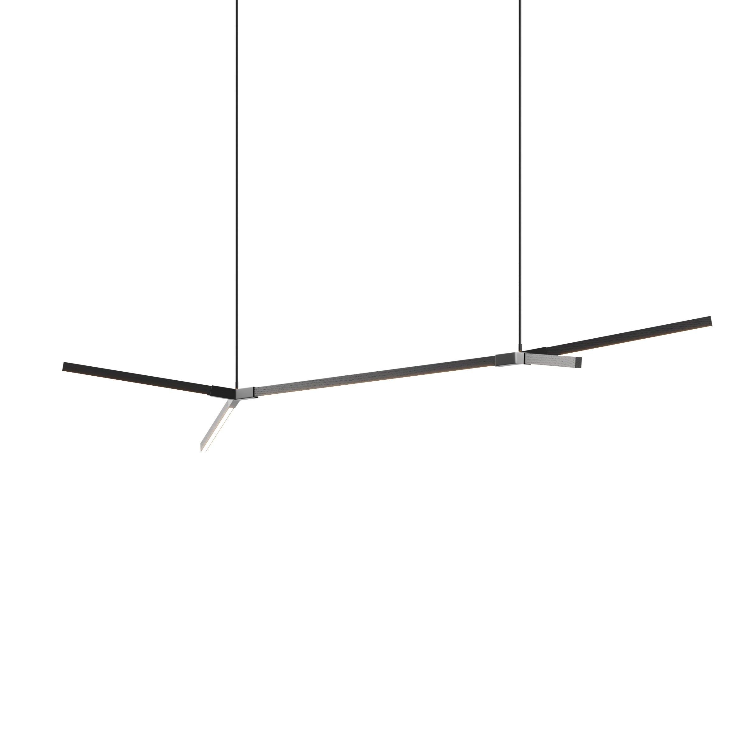 Image of a Stickbulb Double Bough lighting fixture. The modern fixture consists of sleek wooden beams with multiple integrated LED bulbs.
