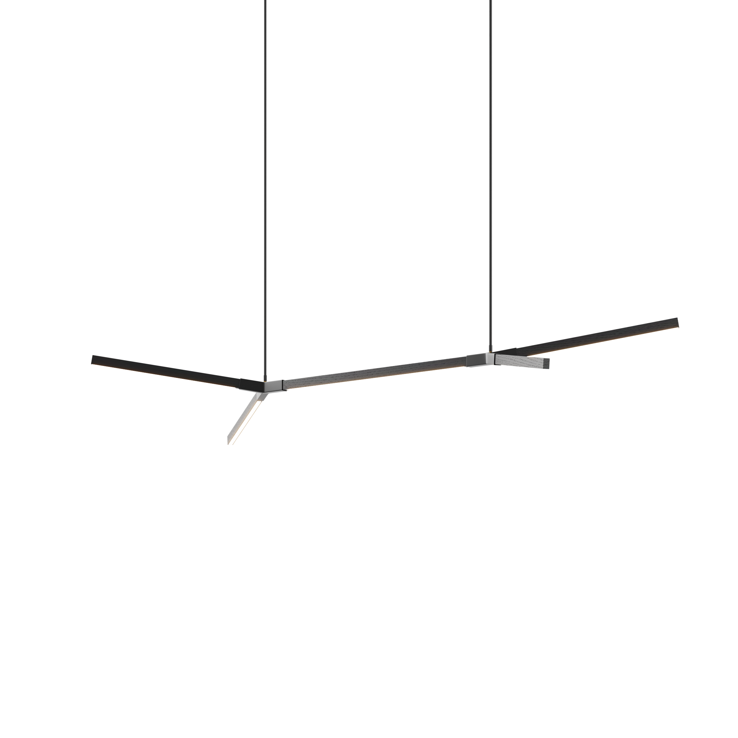 Image of a Stickbulb Double Bough lighting fixture. The modern fixture consists of sleek wooden beams with multiple integrated LED bulbs.