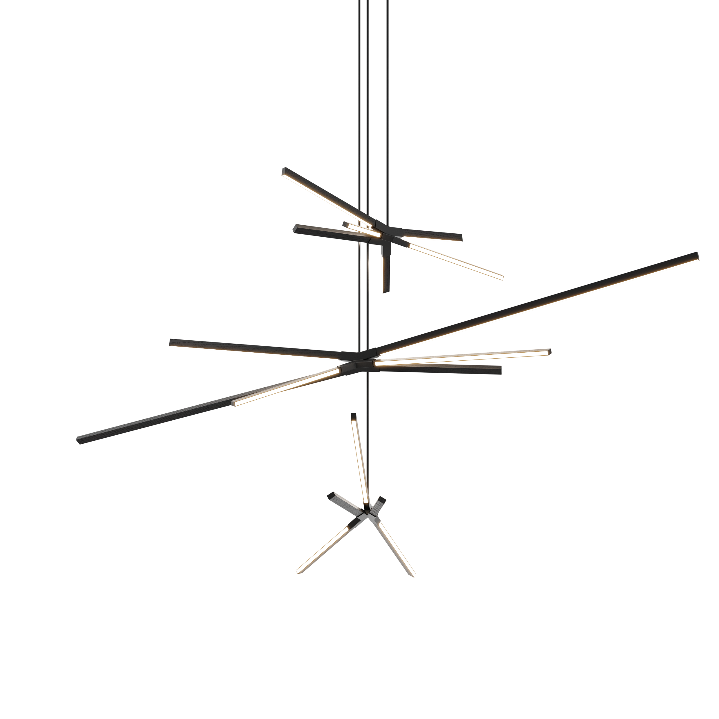 Image of a Stickbulb Multiple Skybang lighting fixture. The modern fixture consists of sleek wooden beams with multiple integrated LED bulbs.