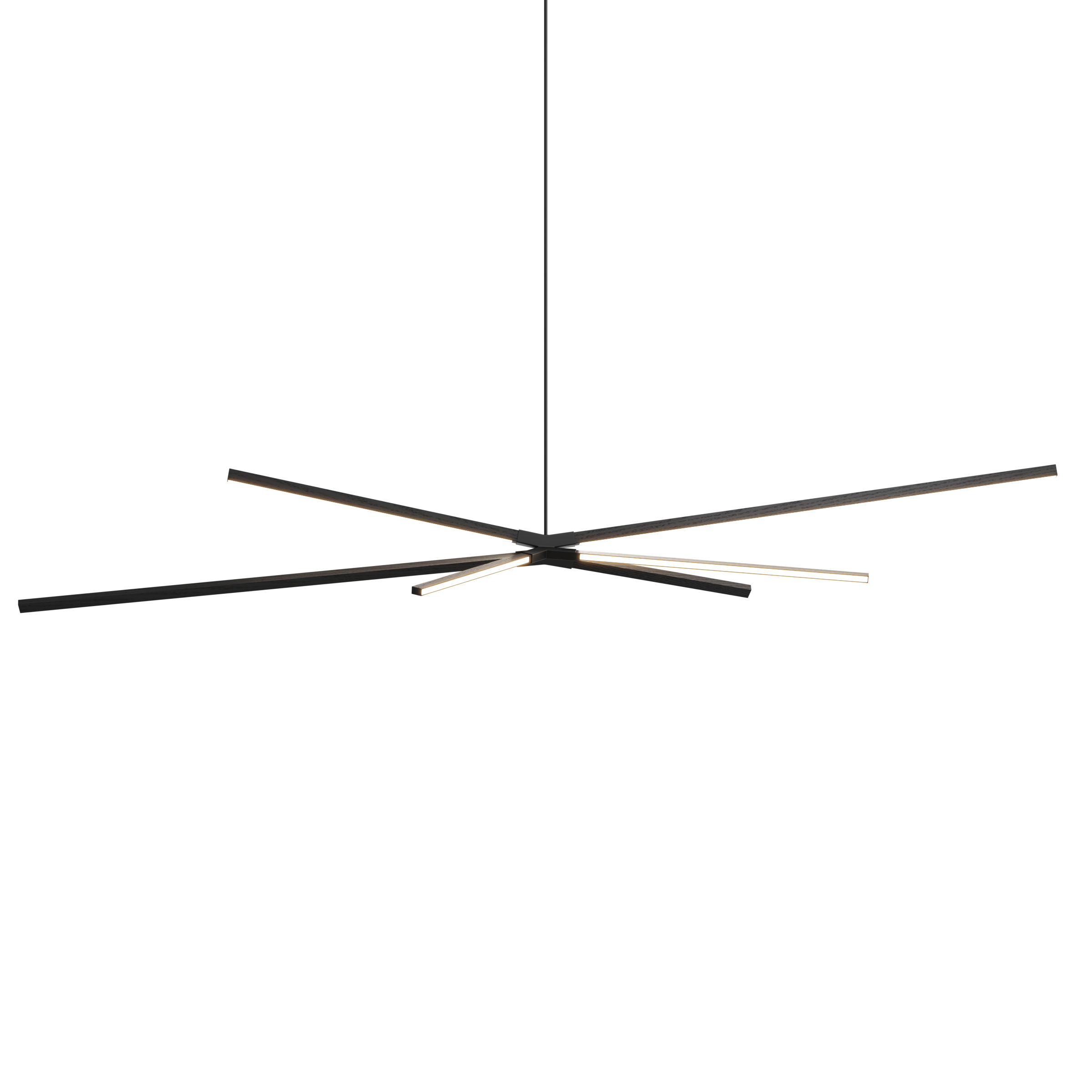 Image of a Stickbulb Skybang lighting fixture. The modern fixture consists of sleek wooden beams with multiple integrated LED bulbs.