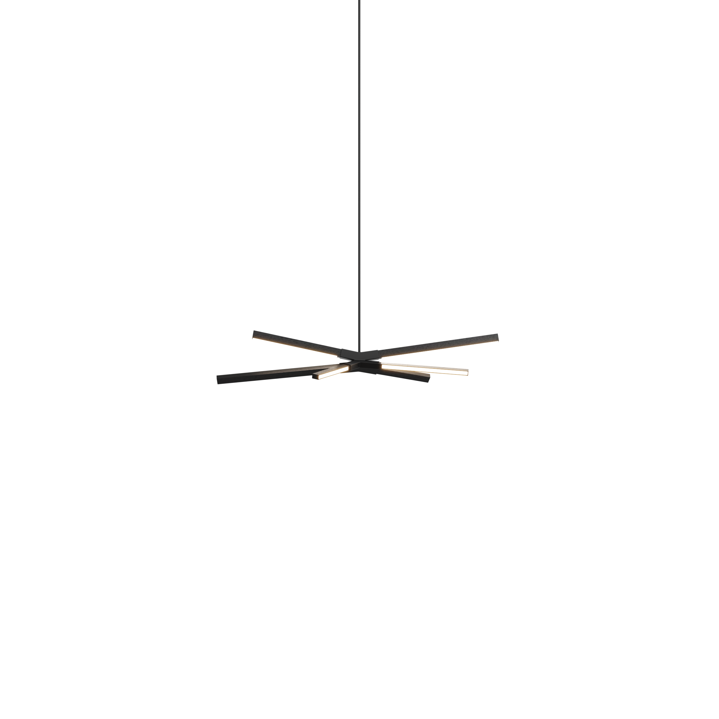 Image of a Stickbulb Skybang lighting fixture. The modern fixture consists of sleek wooden beams with multiple integrated LED bulbs.