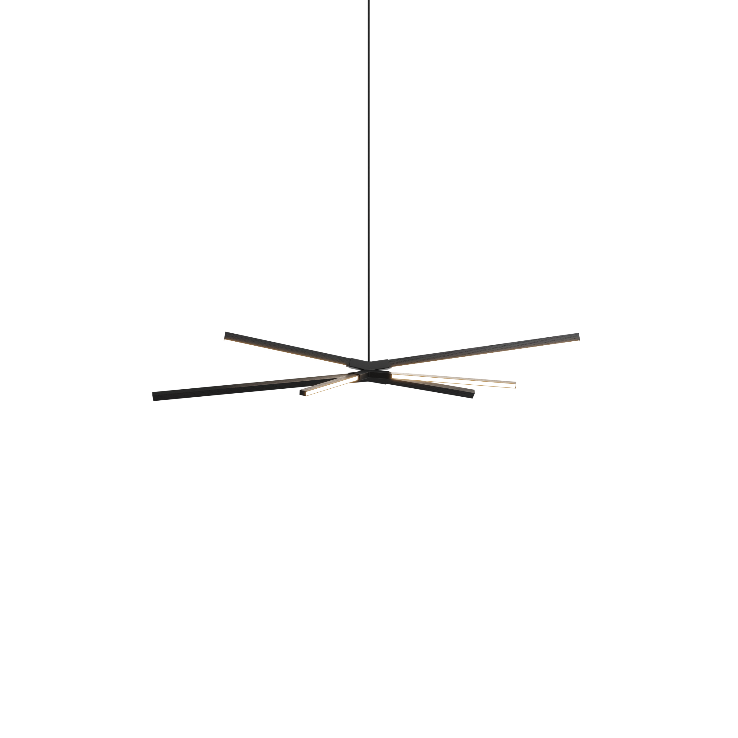 Image of a Stickbulb Skybang lighting fixture. The modern fixture consists of sleek wooden beams with multiple integrated LED bulbs.