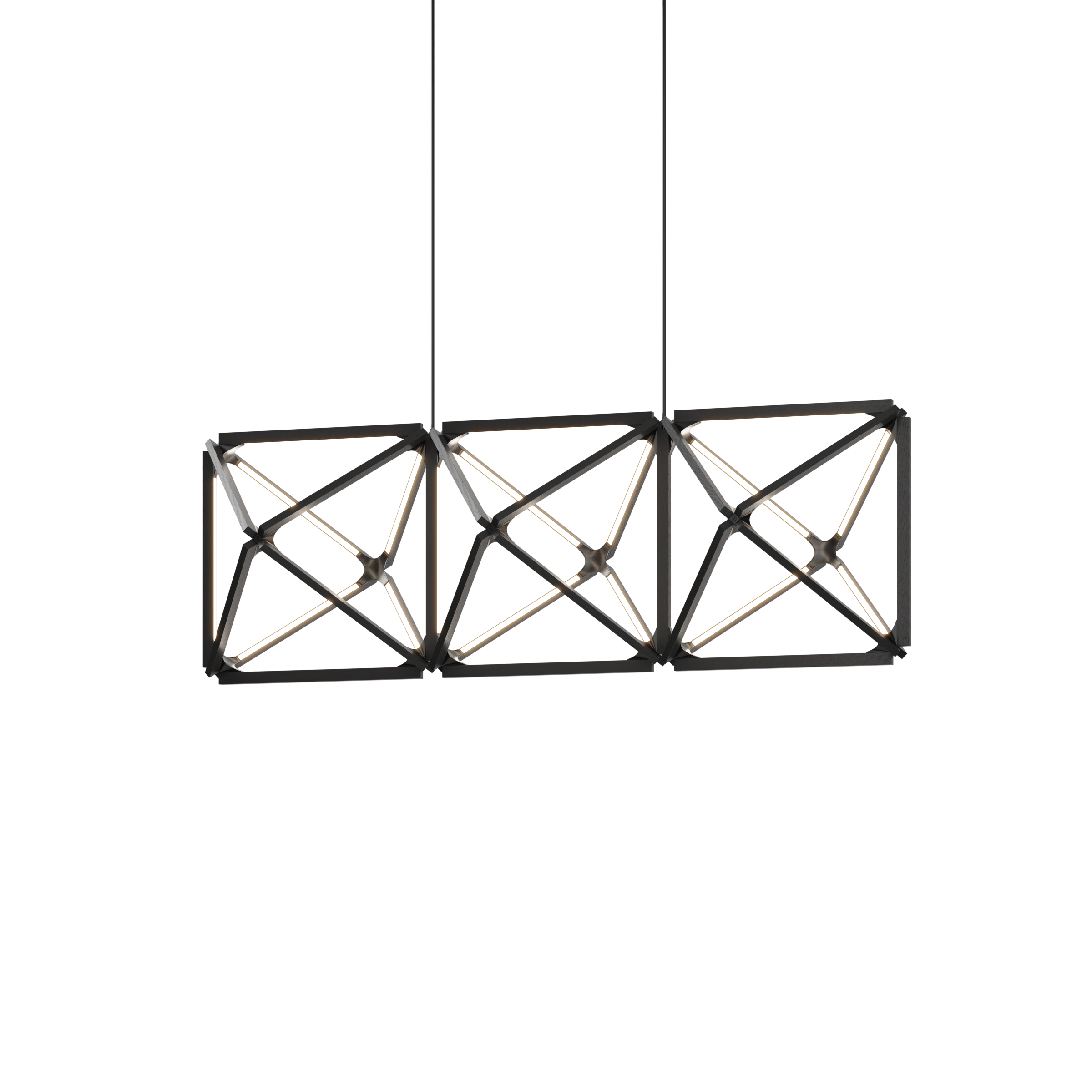 Image of a Stickbulb Truss lighting fixture. The modern fixture consists of sleek wooden beams with multiple integrated LED bulbs.